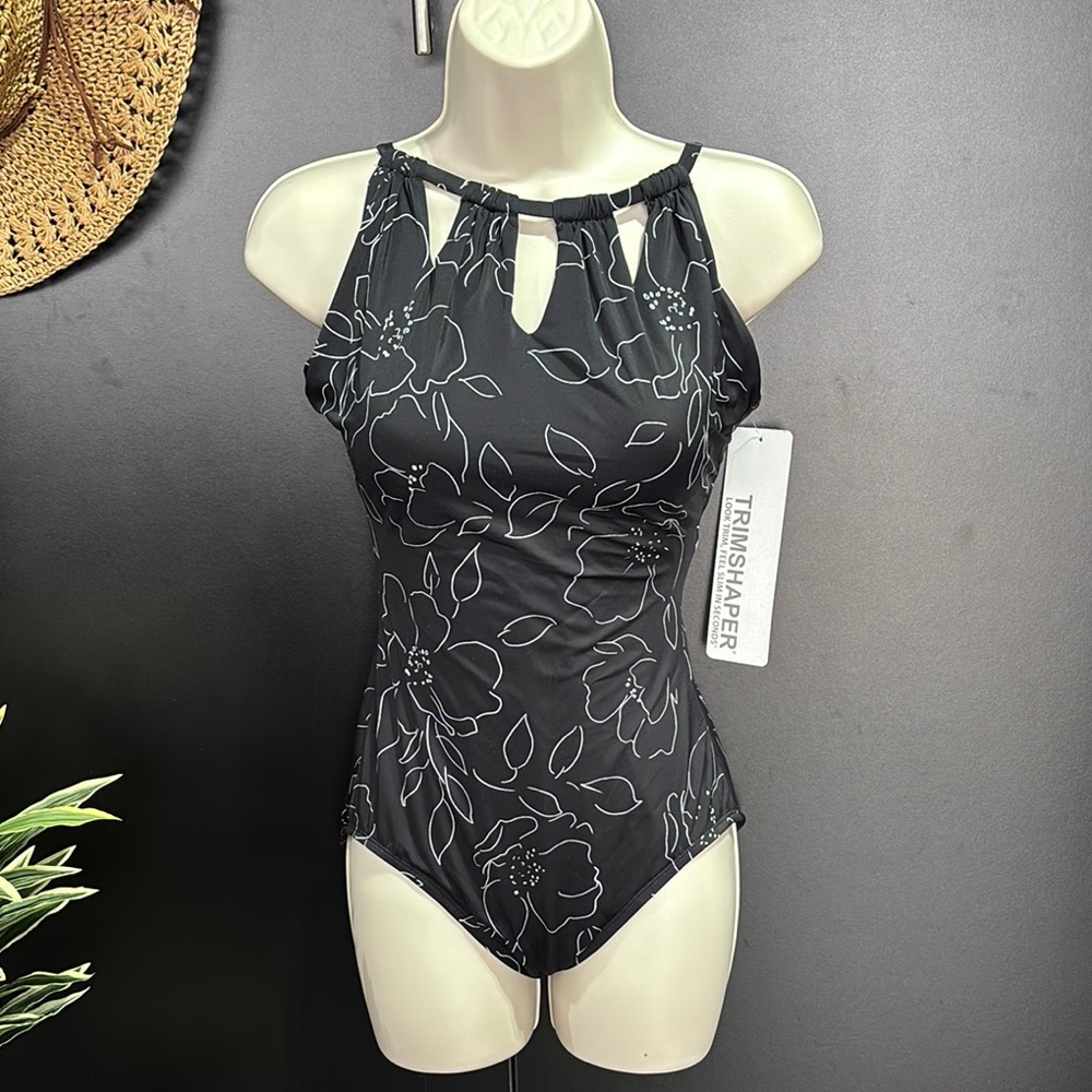 Trimshaper three keyhole high neck,adjustable straps padded,look trim swimsuit